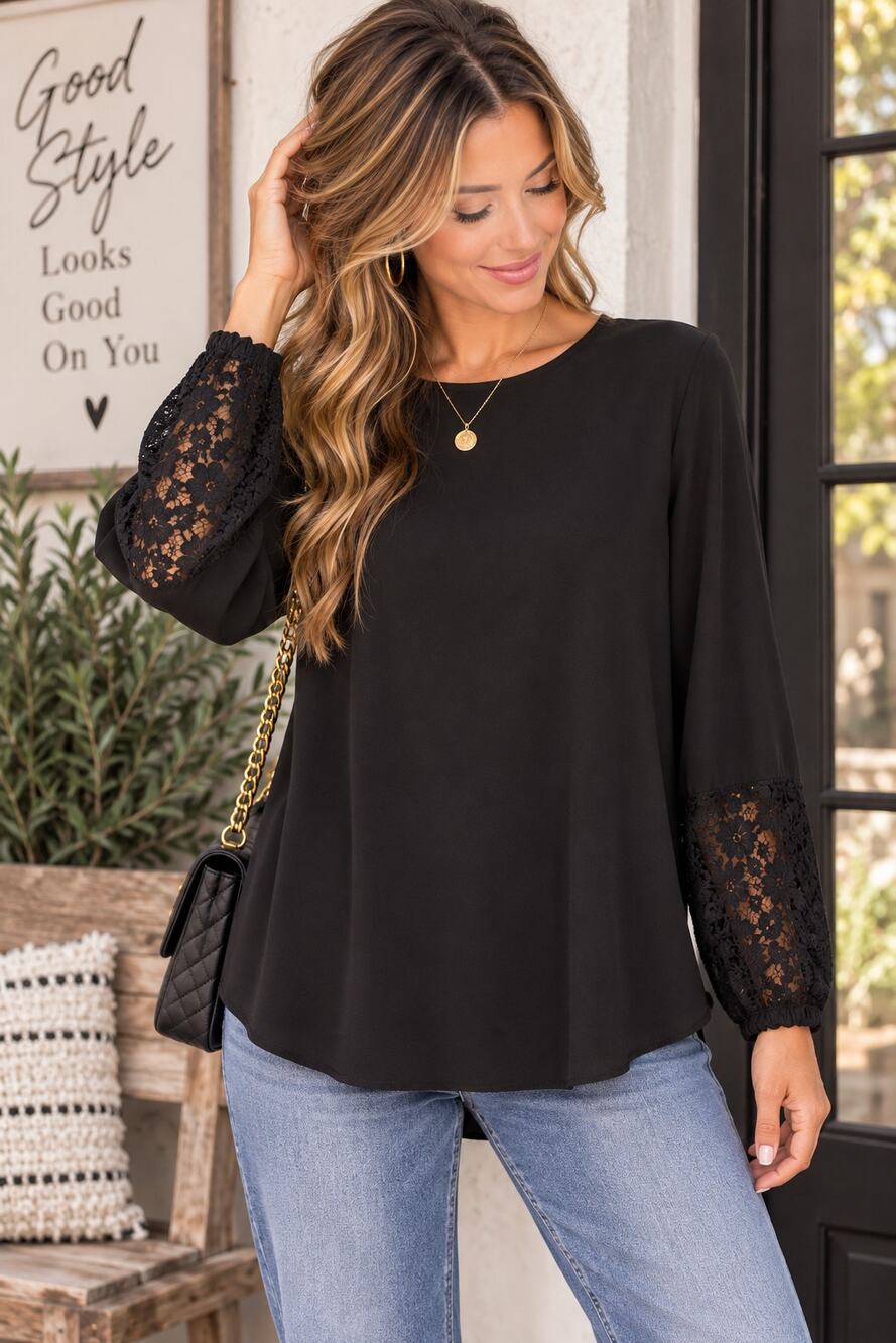 Karen Kane Black Lace Sleeve Top Women’s S Long Sleeve Tunic Elegant